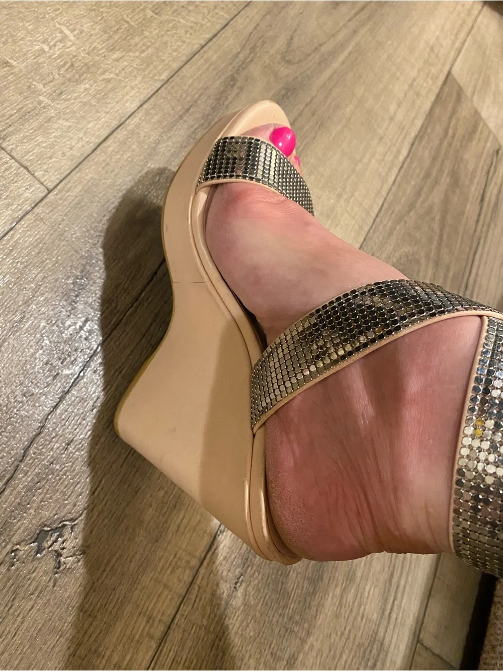 Stuart Weitzman Nude Platform Sandals with Silver Rhinestone Straps